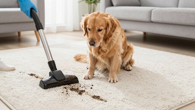 A golden retriever sits on a white rug with muddy paw prints as someone cleans up the mess.