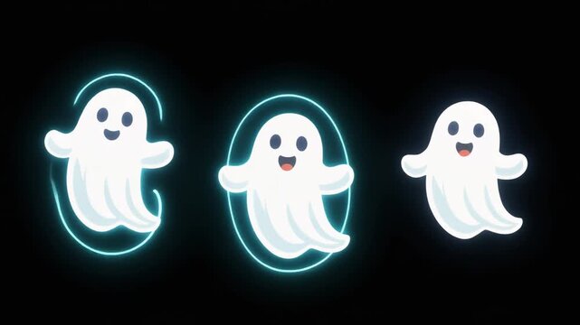 Three cute cartoon ghosts with glowing blue outlines on a dark background, perfect for Halloween.