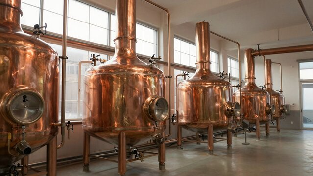 Shiny copper distillation tanks line a modern industrial space with large windows.