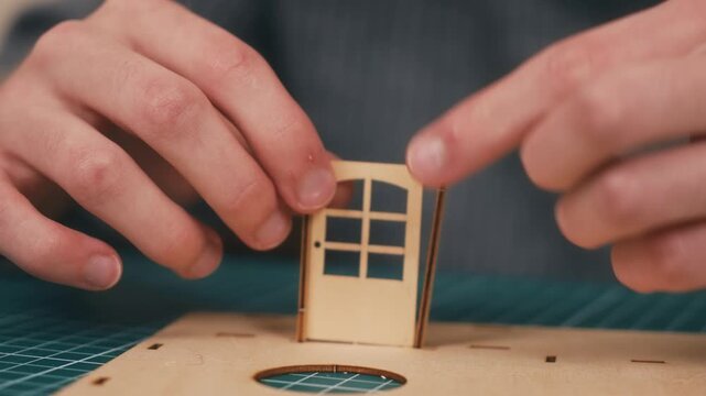Installing wooden front door in miniature house model kit. DIY home construction featuring architecture craft creativity and plywood assembly on cutting mat. New housing concept with real estate