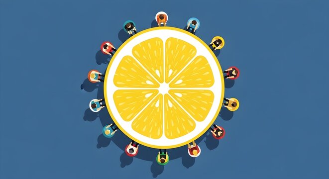 Diverse group of people in a circle around a lemon slice, symbolizing teamwork, unity, and healthy choices.