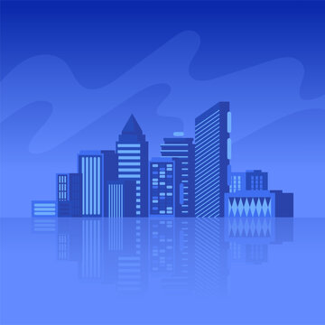 Compact blue city skyline with slim skyscrapers, modern blocks and faint reflections. Minimal urban vector background for architecture, travel, business and modern design projects