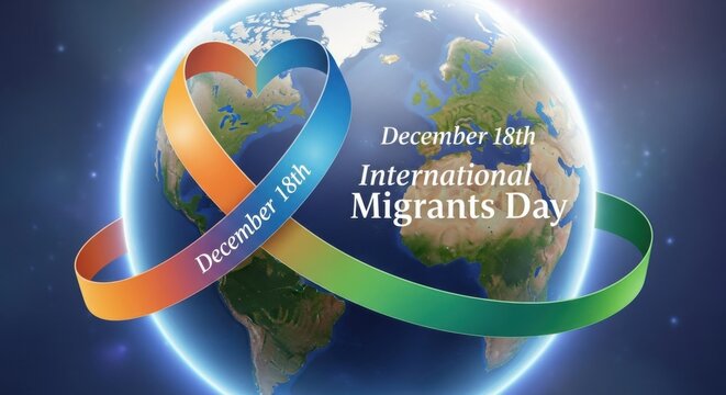 International Migrants Day globe with colorful ribbon