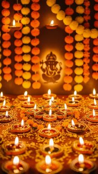 Diya oil lamps arranged for Ganesh Chaturthi festival. Glowing lights and marigold flower garland decor with Hindu deity symbol for traditional religious ritual. Vertical video