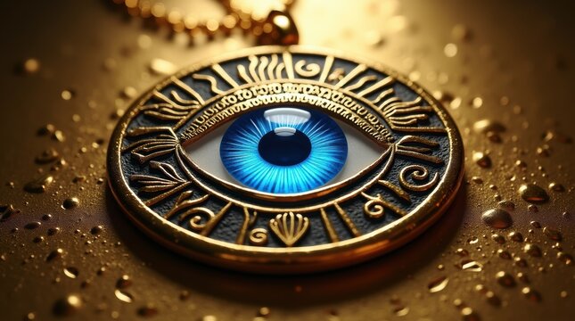 Mystical gold amulet with a bright blue magic eye symbol in the center on a dark textured background