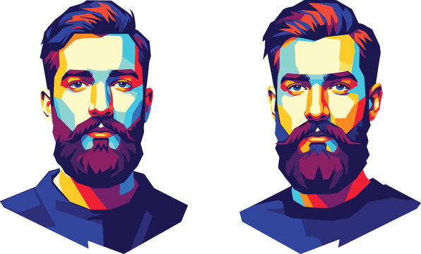 Vector WPAP Pop-Art Portrait of a Bearded Man in Colorful Geometric Style with Bold Shapes on White Background for Modern Digital Art and Design