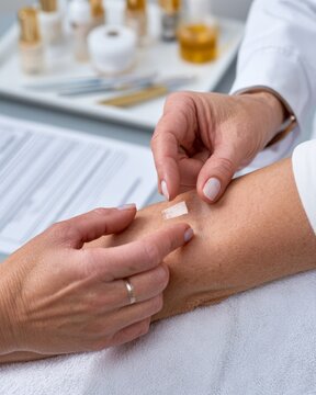 Aesthetician applying patch test to client forearm in beauty clinic