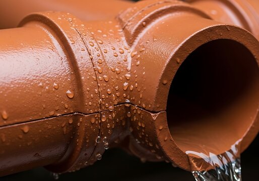 Copper pipe joint with water droplets flowing in a dark industrial environment. clay sewer pipe