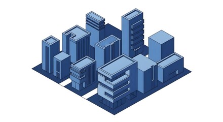 Fototapeta premium Abstract isometric blue city illustration featuring a collection of modern geometric buildings, symbolizing urban planning and contemporary architecture.