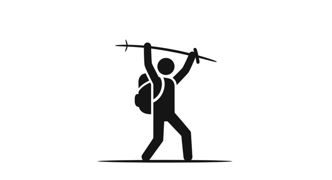 Hiker with backpack and trekking poles silhouette.