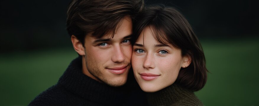 Couple enjoying a heartfelt hug in a serene outdoor setting.