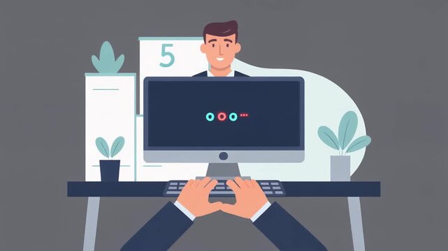 A man in a suit working at a desk with a computer and plants.