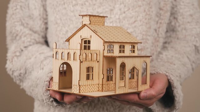 Wooden home in woman hands, property ownership vision, residential future concept. Mortgage planning, home purchase decision, real estate lifestyle aspiration indoors. Handmade house model