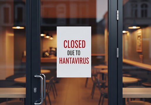 A closed sign for Hantavirus is displayed on the glass door of an empty cafe