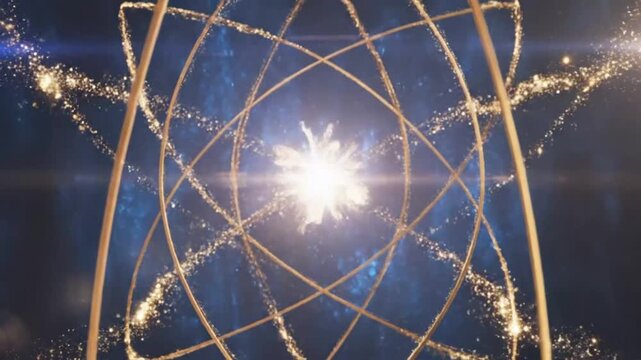Abstract golden geometric shape with sparkling particles and bright light effects over a blue background