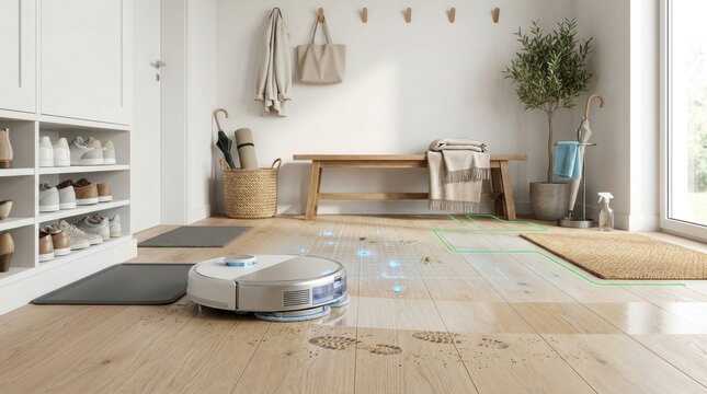 Smart robot vacuum cleaning wooden floor in modern bright entryway with digital mapping interface