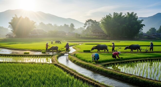 Farm workers rice paddy landscape