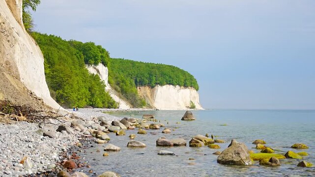 Famous white chalk cliffs and rocky Baltic Sea coastline in Jasmund National Park on Rugen island, Germany. Iconic natural landmark and coastal travel destination concept.