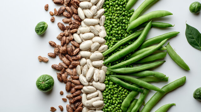 Green bean pea legume seed pod vegetable organic fresh food healthy diet concept with colorful beans and peas arranged on white background
