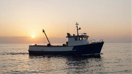 Obraz premium A blue and white fishing boat sails calmly across the ocean during a serene sunset, with golden light reflecting on the water's surface.
