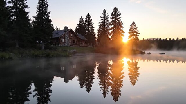 Misty Morning Sunrise Over Tranquil Lake with Forest and Cabin Reflection.