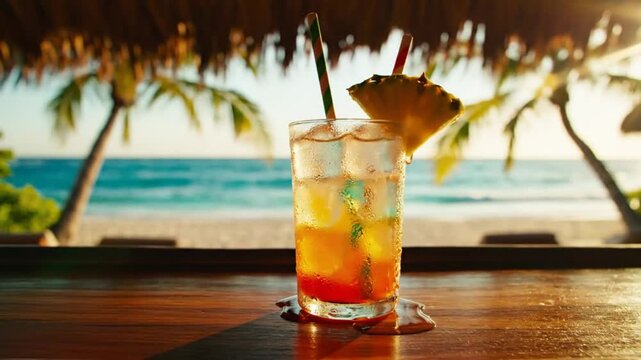 Tropical cocktail on wooden bar with stunning beach and ocean backdrop during golden hour with palm trees
