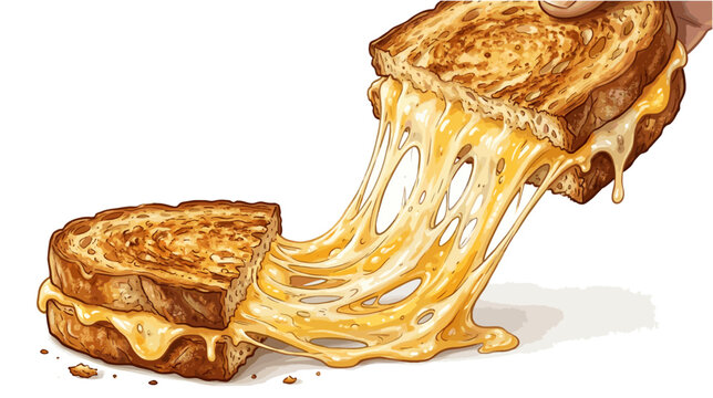 Cartoon vector semi-realistic illustration of pizza slice with stretchy cheese and detailed toppings, expressive style