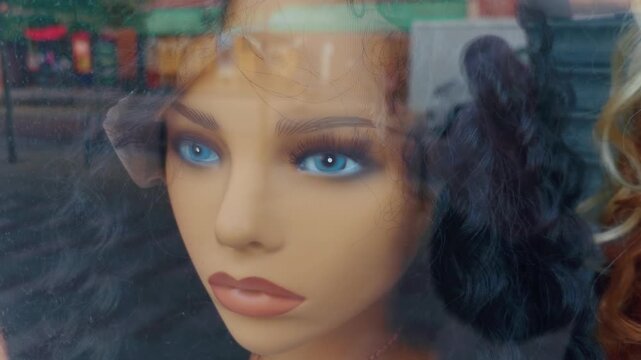 Fashion mannequin head with curly wig behind storefront glass reflecting urban street scene. Retail window display blending city reflections with beauty salon aesthetics and contemporary shopping