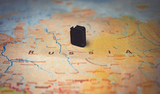 Fuel canister on geographic map of Russia.