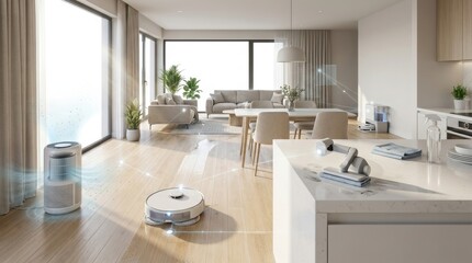 Fototapeta premium Smart home cleaning system with robot vacuum and air purifier in modern minimalist living space