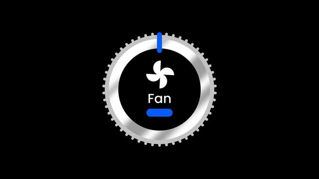 A silver metallic circular dial labeled Fan with a fan blade icon for controlling ventilation or air circulation speed settings