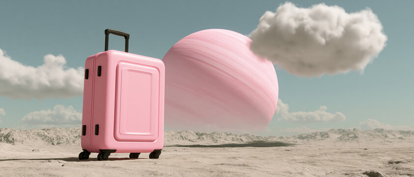 Surreal landscape pastel color planet cloud suitcase pink luggage desert fantasy dreamlike travel adventure concept surrealism