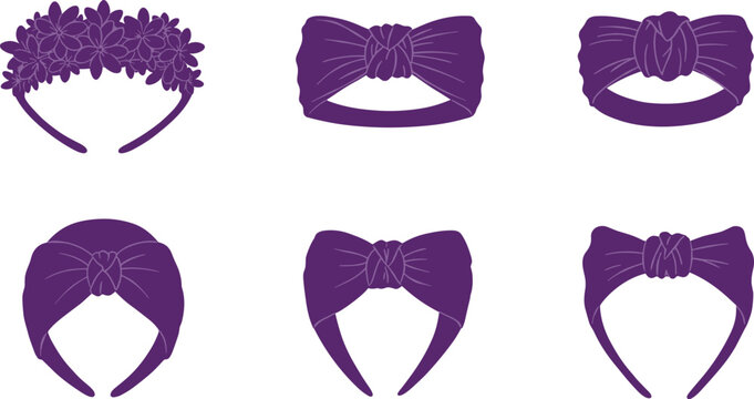 Stylish purple headband set for women, knotted and floral hair accessories, fashion illustration collection, elegant beauty band design