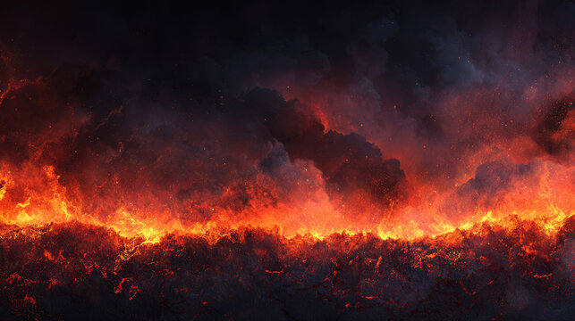 Fiery inferno background dramatic fire border intense flame texture burning lava field dark smoke cloud apocalyptic heat glowing ember line vivid