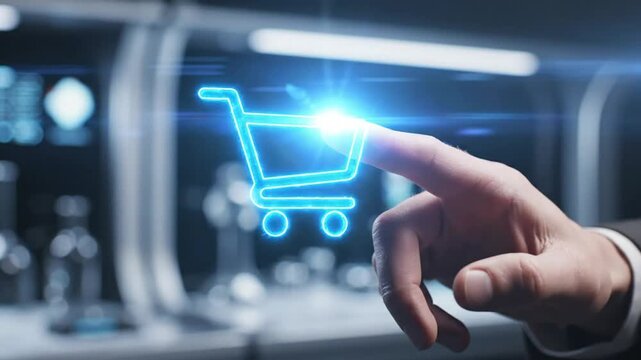 Futuristic technology user interface with glowing shopping cart icon on a screen for online e-commerce transactions