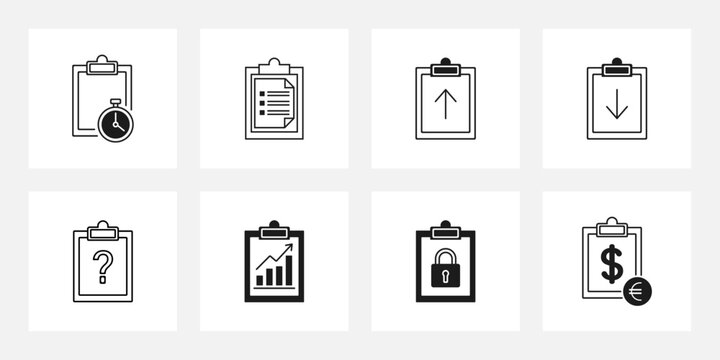 Business clipboard and financial task management line icon set, Includes clipboard with stopwatch, document checklist, arrow up, arrow down, question mark, growth bar chart, lock security, dollar.