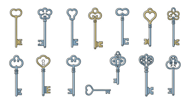 Large collection of various vintage skeleton keys in silver and gold tones, featuring intricate ornate designs for a classic antique aesthetic.