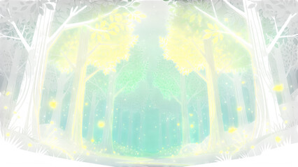 Fototapeta premium Creative aesthetic watercolor illustrations and modern graphic design elements Whimsical forest, mystical trees, glowing lights, fantasy landscape