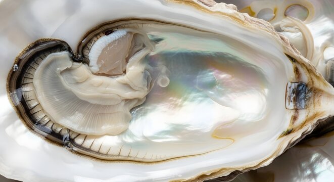 Open oyster shell with iridescent mother of pearl interior