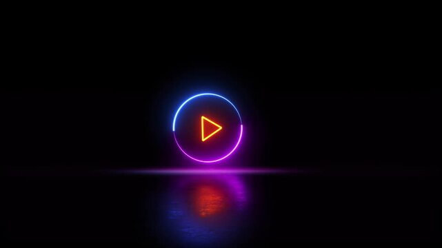 Neon Glowing play button video animation. Play circular button neon icon. Laser triangle in a circle. Neon Multimedia Play button icon video motion. Neon shine play button with neon circle animation.