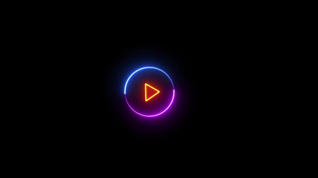 Neon Glowing play button video animation. Play circular button neon icon. Laser triangle in a circle. Neon Multimedia Play button icon video motion. Neon shine play button with neon circle animation.