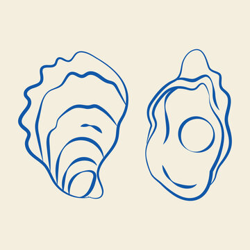 Hand-drawn sea pearl oyster shell in line art doodle style for wedding or event decor, seafood restaurant menu
