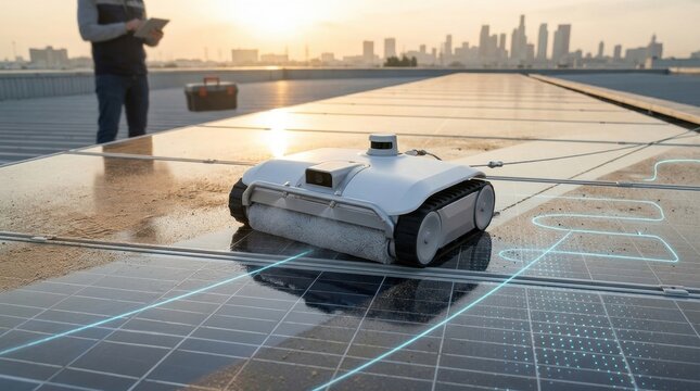 Automated robotic solar panel cleaning system operating on rooftop at sunset with city skyline view