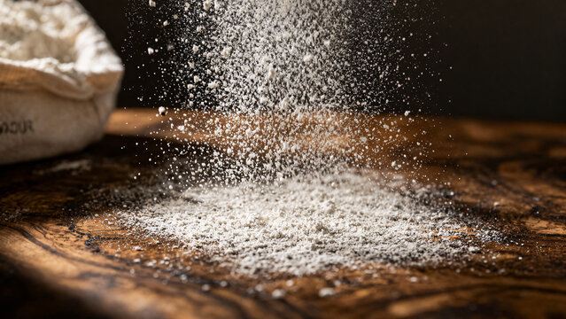 Sifting white flour over a dark wooden baking surface with flying dust.