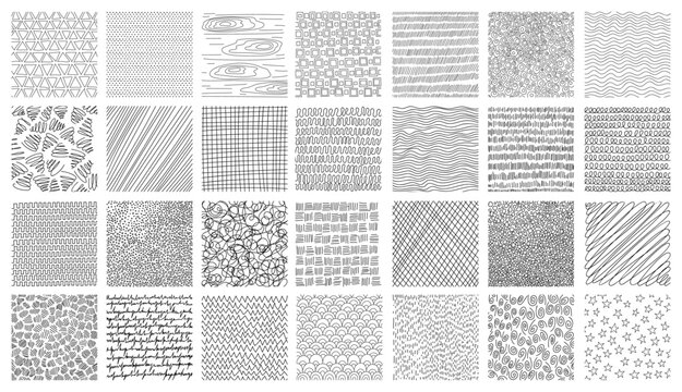 Hand-drawn crosshatch patterns with organic lines and pencil textures vector illustration set. Sketch-style hatching creates depth through diagonal strokes and cross-line shading techniques.