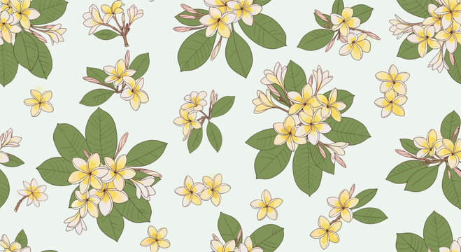Lovely seamless pattern of yellow plumeria frangipani flowers and green tropical leaves, evoking a peaceful and sunny island atmosphere.