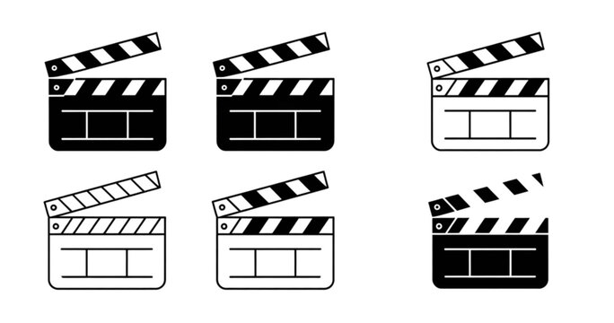 Set of classic black and white movie film reels and clapperboard icons for video production Vector