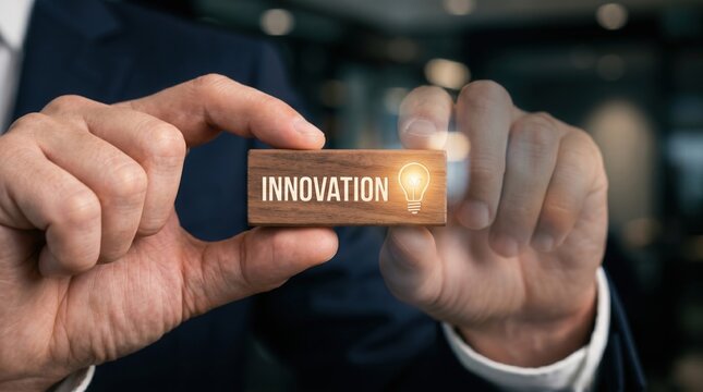 The Spark of Innovation: A man in a suit holds a wooden block with the word Innovation illuminated by a glowing lightbulb, symbolizing new ideas and forward thinking.