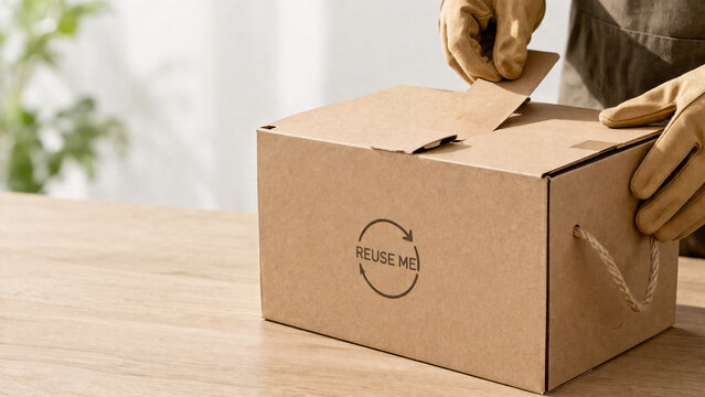 Gloved hand sealing a cardboard shipping box with a reuse recycling symbol.