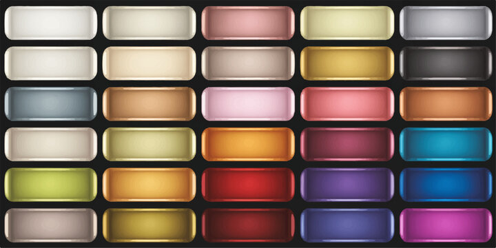 A colorful makeup eyeshadow palette with a vibrant abstract background of powder squares and cosmetics buttons designed for fashion and beauty art